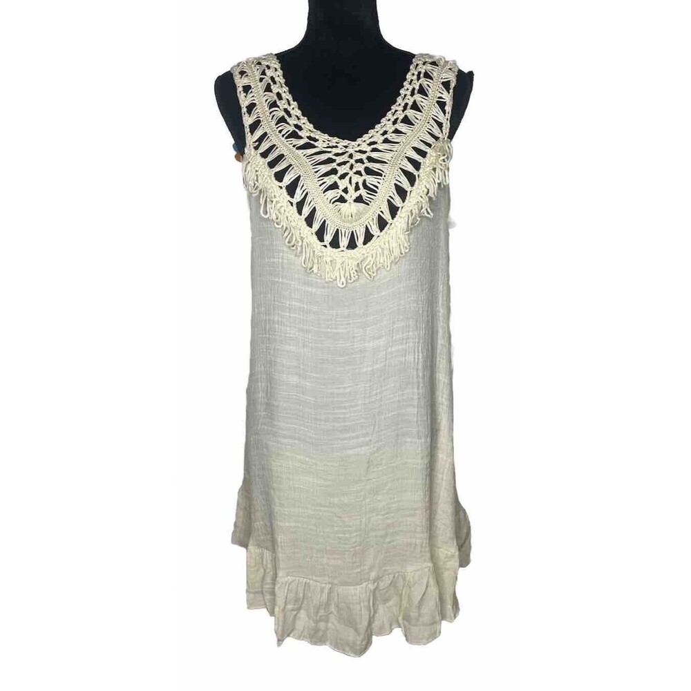 Aolro Cream XL crochet W/colorful Pom Pom tie open back dress swim suit cover up